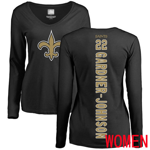 New Orleans Saints Black Women Chauncey Gardner Johnson Backer Slim Fit NFL Football #22 Long Sleeve T Shirt->nfl t-shirts->Sports Accessory